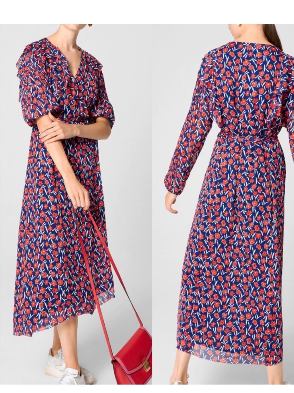 Escada Navy Midi Wrap Dress with Red Floral Print Ruffle EU40/10